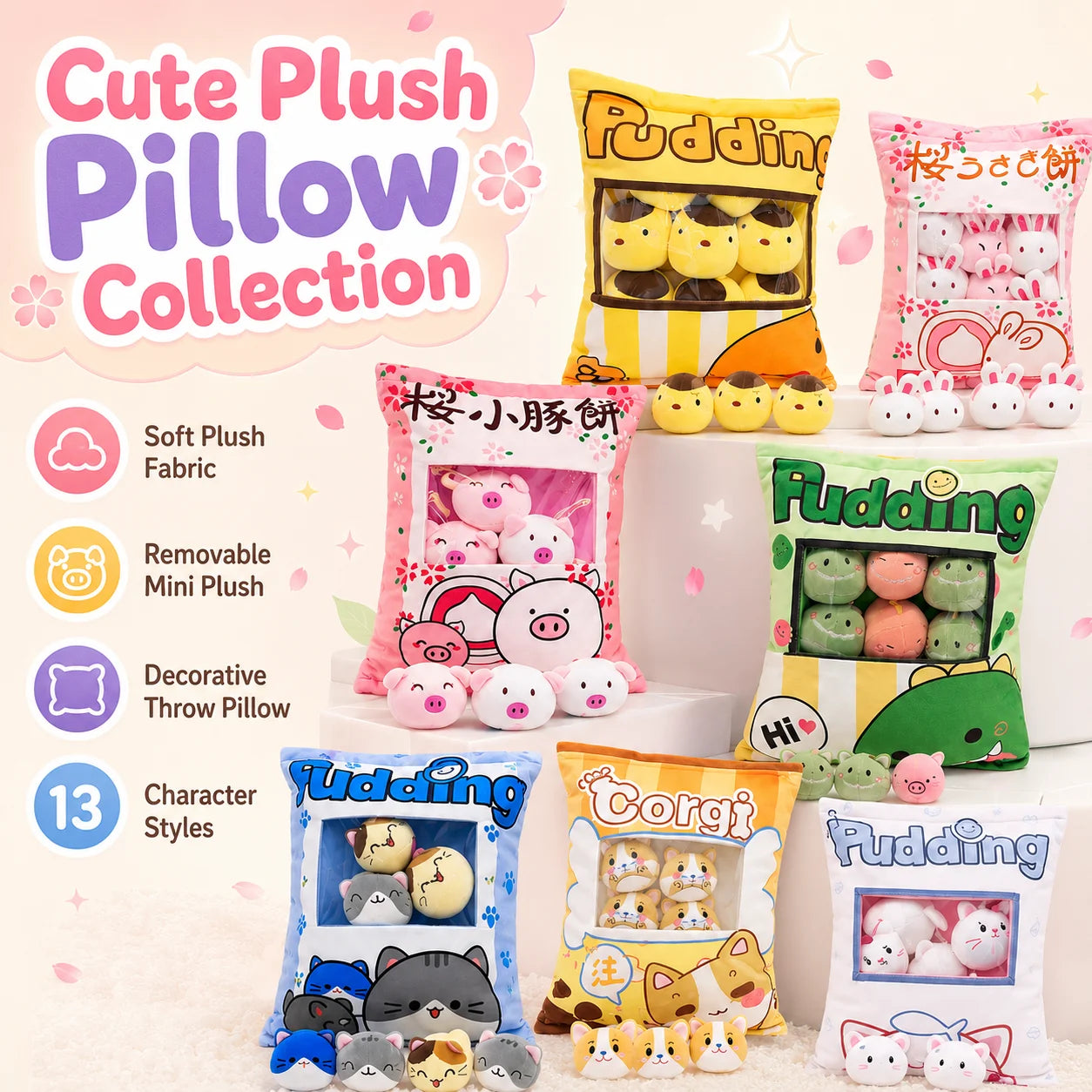 Sachet de Peluches Paquet de Gâteaux Kawaii – Coussin Snack Rempli de Mini Doudous
