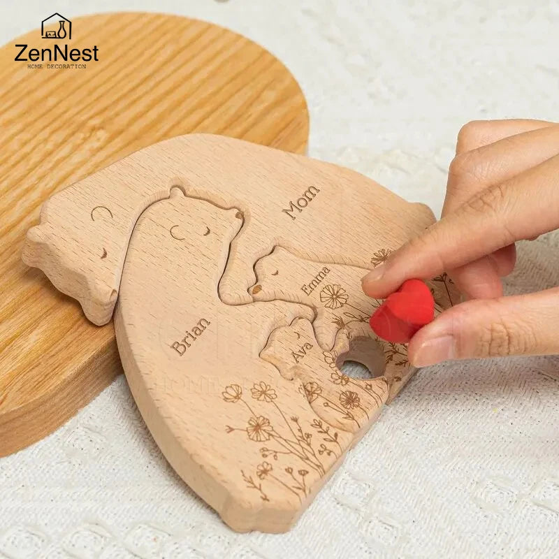 Statuette Ours Famille en Bois Personnalisée – Puzzle Décoratif Gravé Prénoms