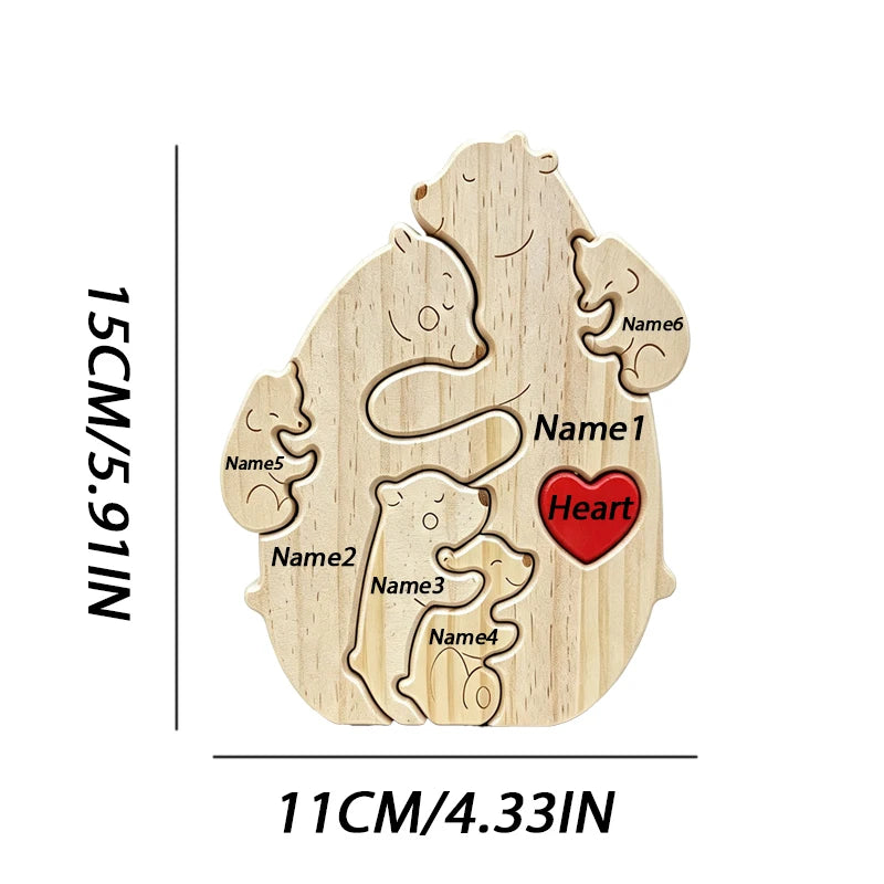 Puzzle Familial Ourse & Oursons en Bois Personnalisé – Statuette Cœur Gravée