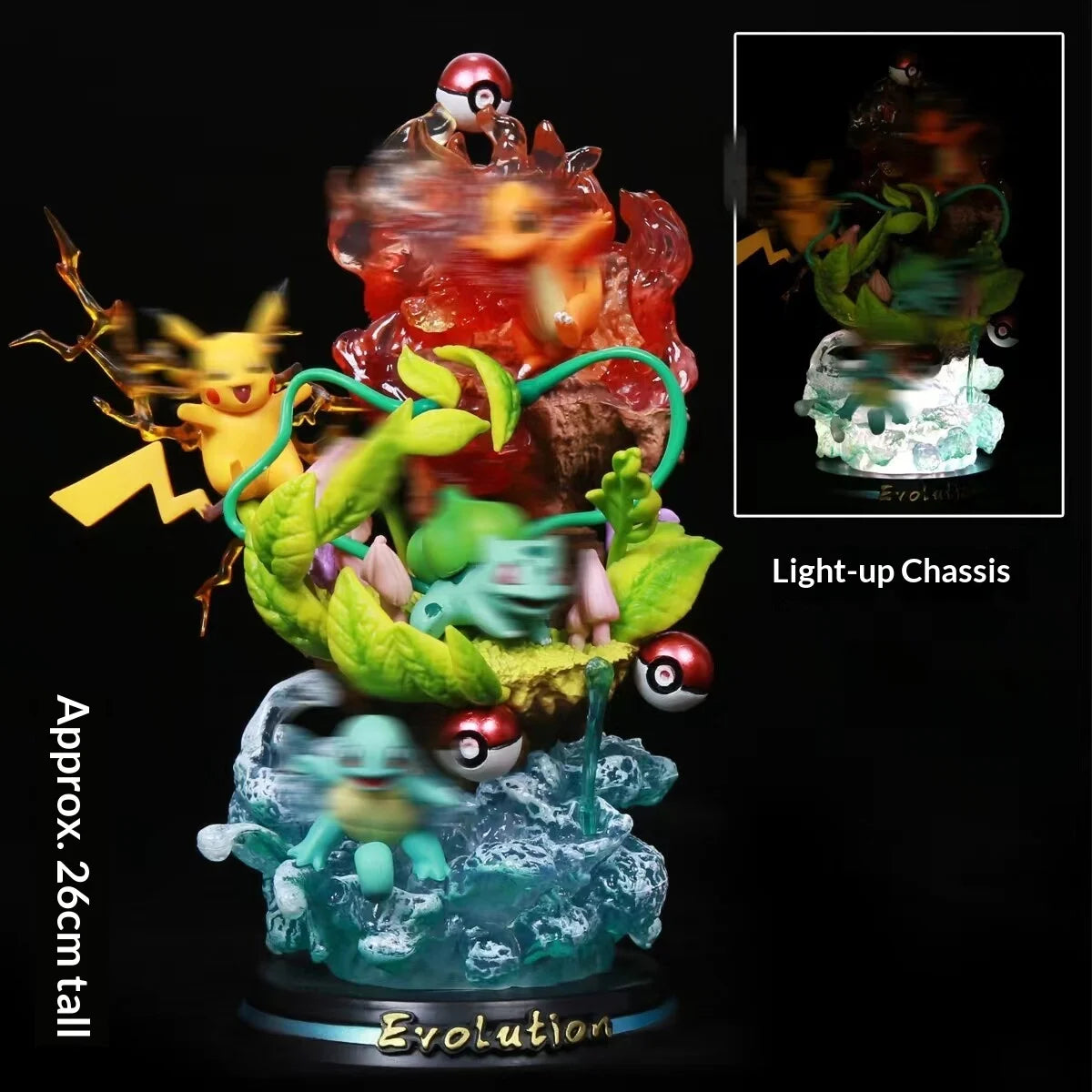 Statues de collection premium représentant divers Pokémon emblématiques accompagnés de socles et d'effets d'attaque spectaculaires.