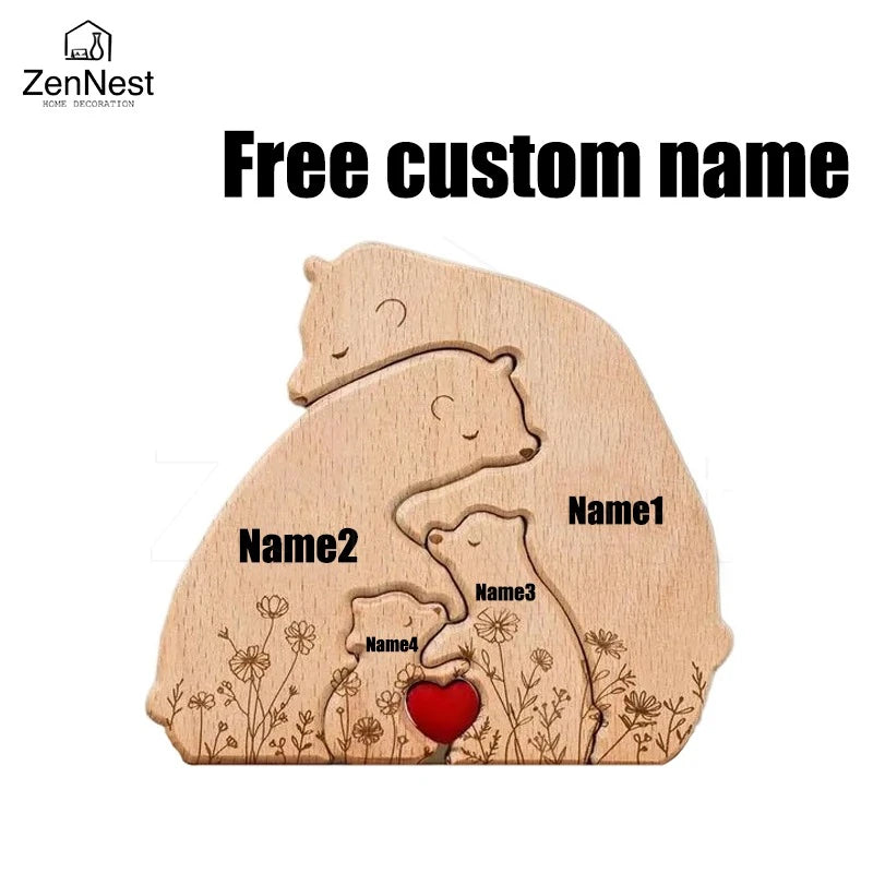 Statuette Ours Famille en Bois Personnalisée – Puzzle Décoratif Gravé Prénoms