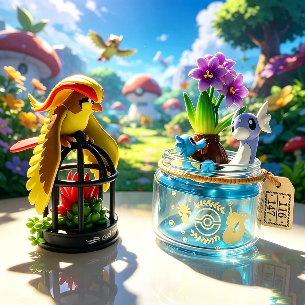 Lot de mini-figurines Pokémon variées présentées sur de petits socles thématiques d'environnement
