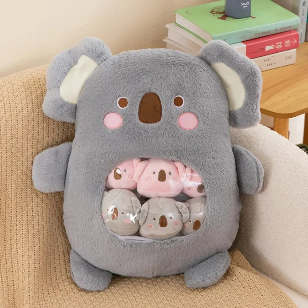 Coussin Peluche Fenêtre Transparente – Doudou Rempli de Mini Poupées Panda & Animaux