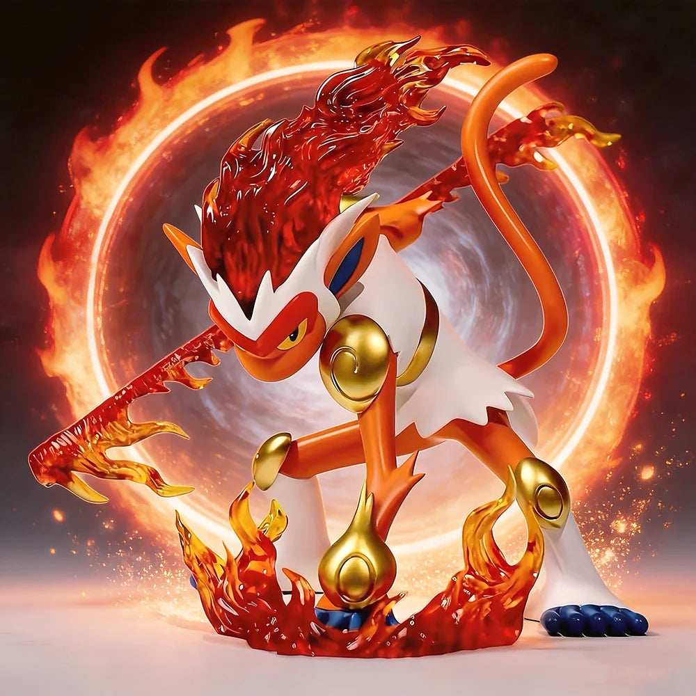 Figurine Pokémon de Simiabraz en position de combat au milieu d'un cercle de feu ardent.