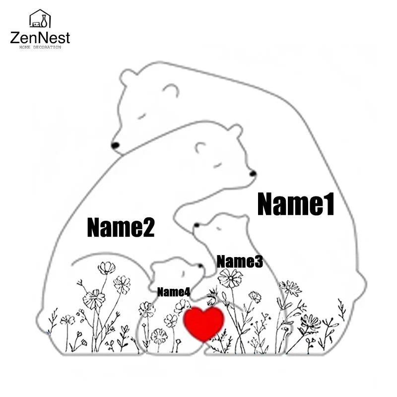 Statuette Ours Famille en Bois Personnalisée – Puzzle Décoratif Gravé Prénoms