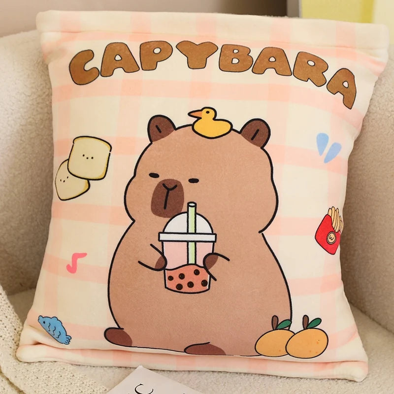 Coussin Capybara Sachet Transparent – Oreiller Rempli de Mini Doudous