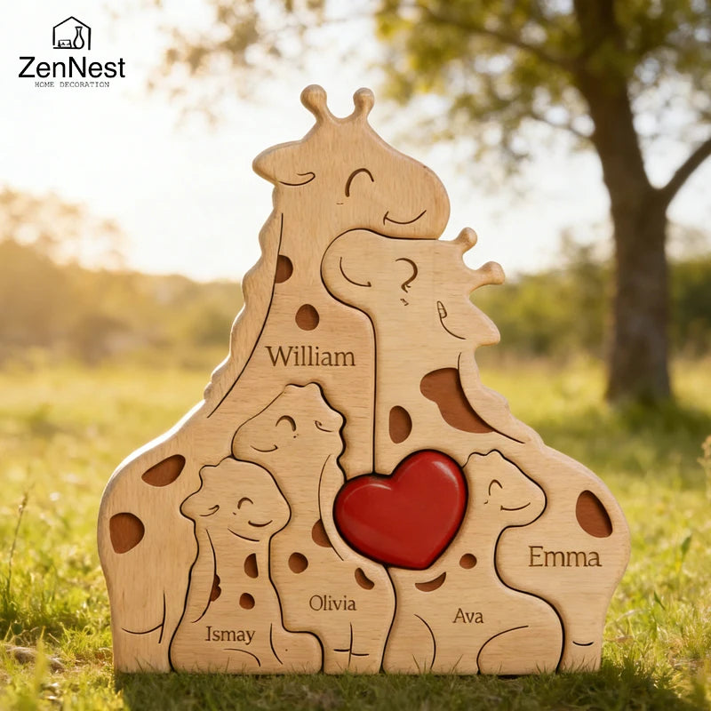 Puzzle Familial Girafes en Bois Personnalisé – Statuette Décorative Prénoms Gravés