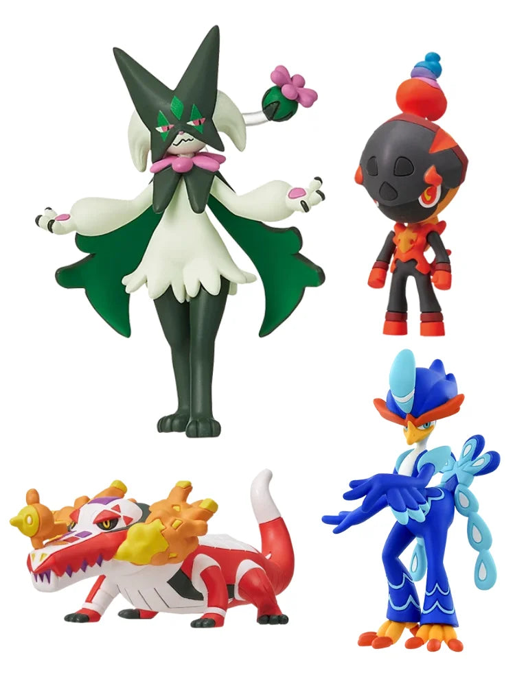 Sélection de figurines Pokémon variées incluant des Pokémon emblématiques, des formes de Teracristal et des dresseurs.