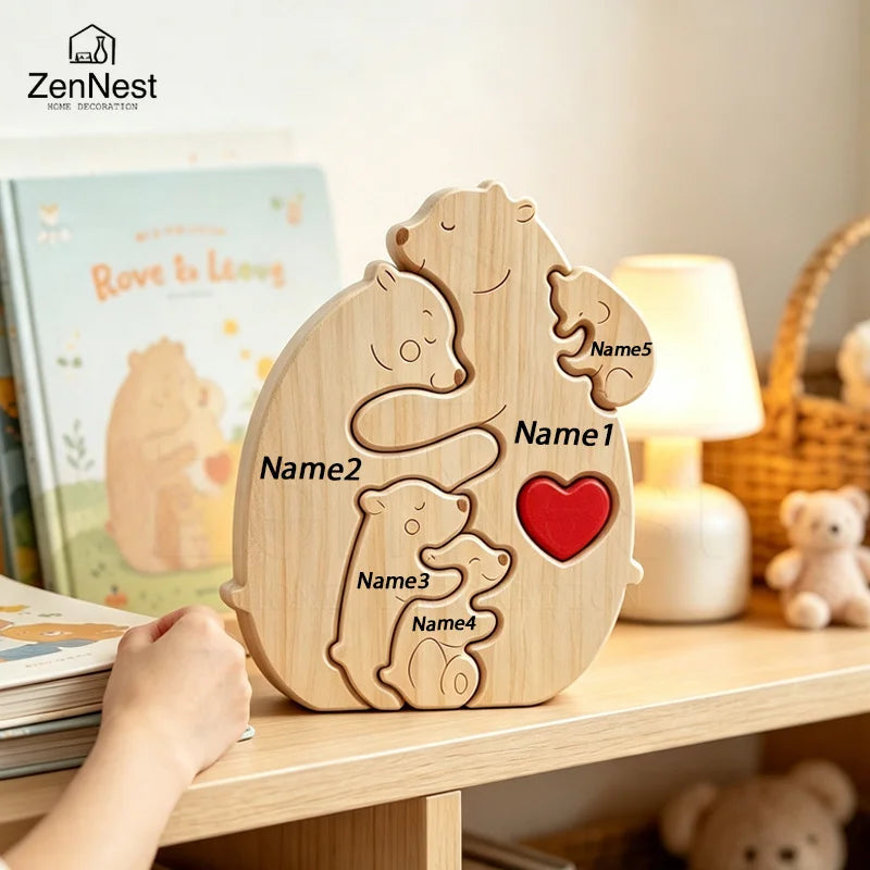 Puzzle Familial Ourse & Oursons en Bois Personnalisé – Statuette Cœur Gravée