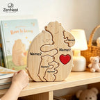 Puzzle Familial Ourse & Oursons en Bois Personnalisé – Statuette Cœur Gravée
