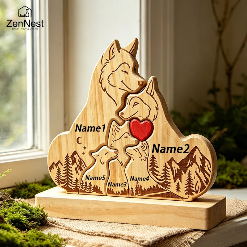 Puzzle Familial Loup en Bois Personnalisable – Statuette Décorative Prénoms Gravés