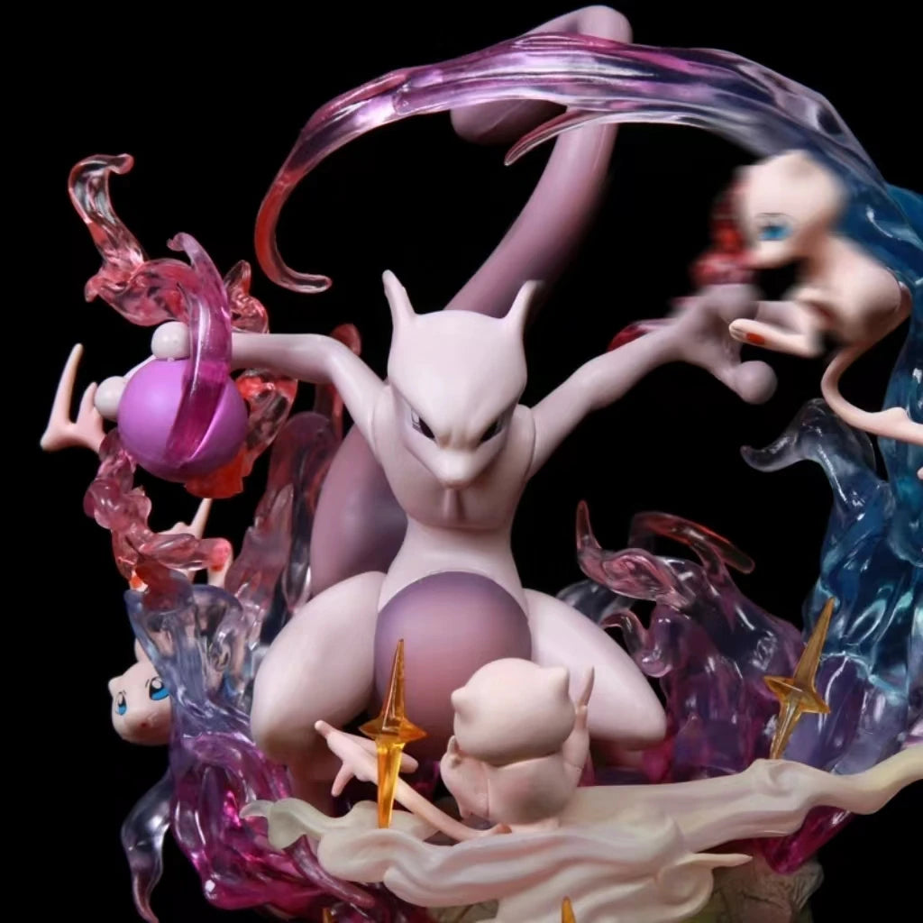 Statues de collection premium représentant divers Pokémon emblématiques accompagnés de socles et d'effets d'attaque spectaculaires.