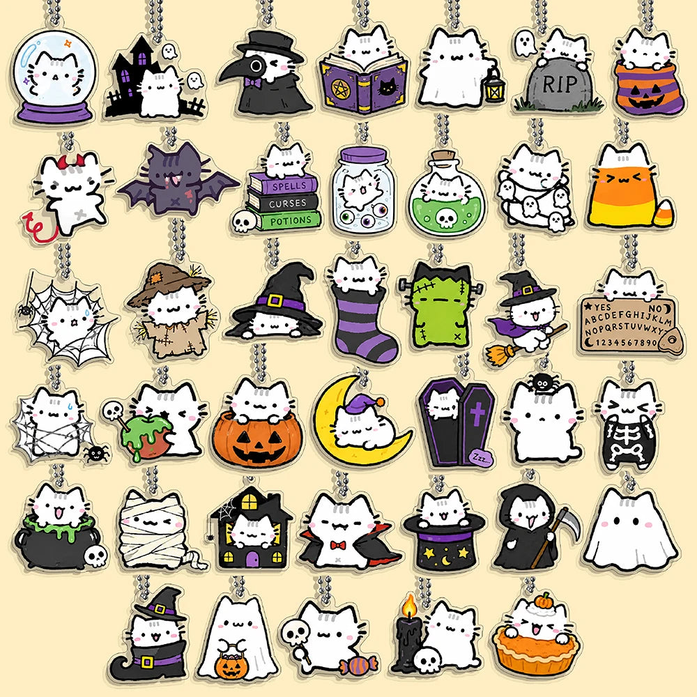 Lot Porte-Clés Chats Halloween – Pendentifs Citrouille, Fantôme & Sorcière Kawaii