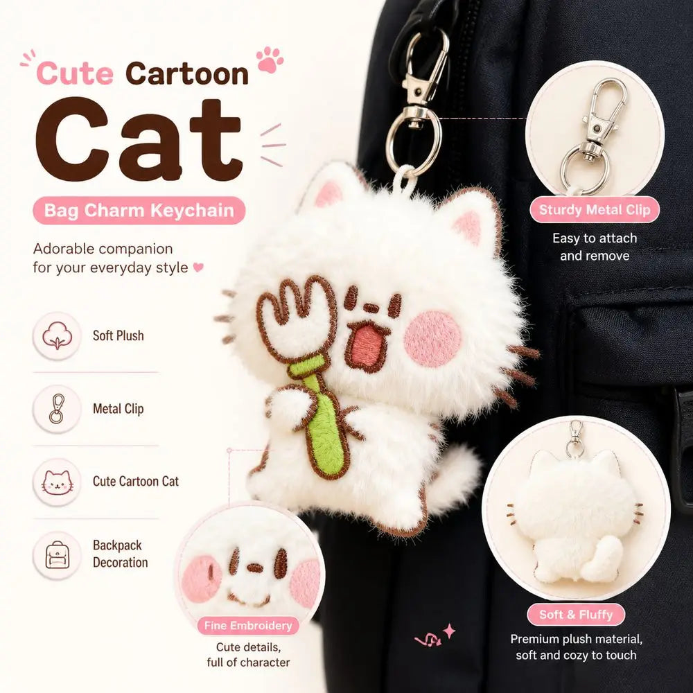 Porte-Clés Peluche Chat Blanc Poilu – Charm Sac Kitten avec Poisson