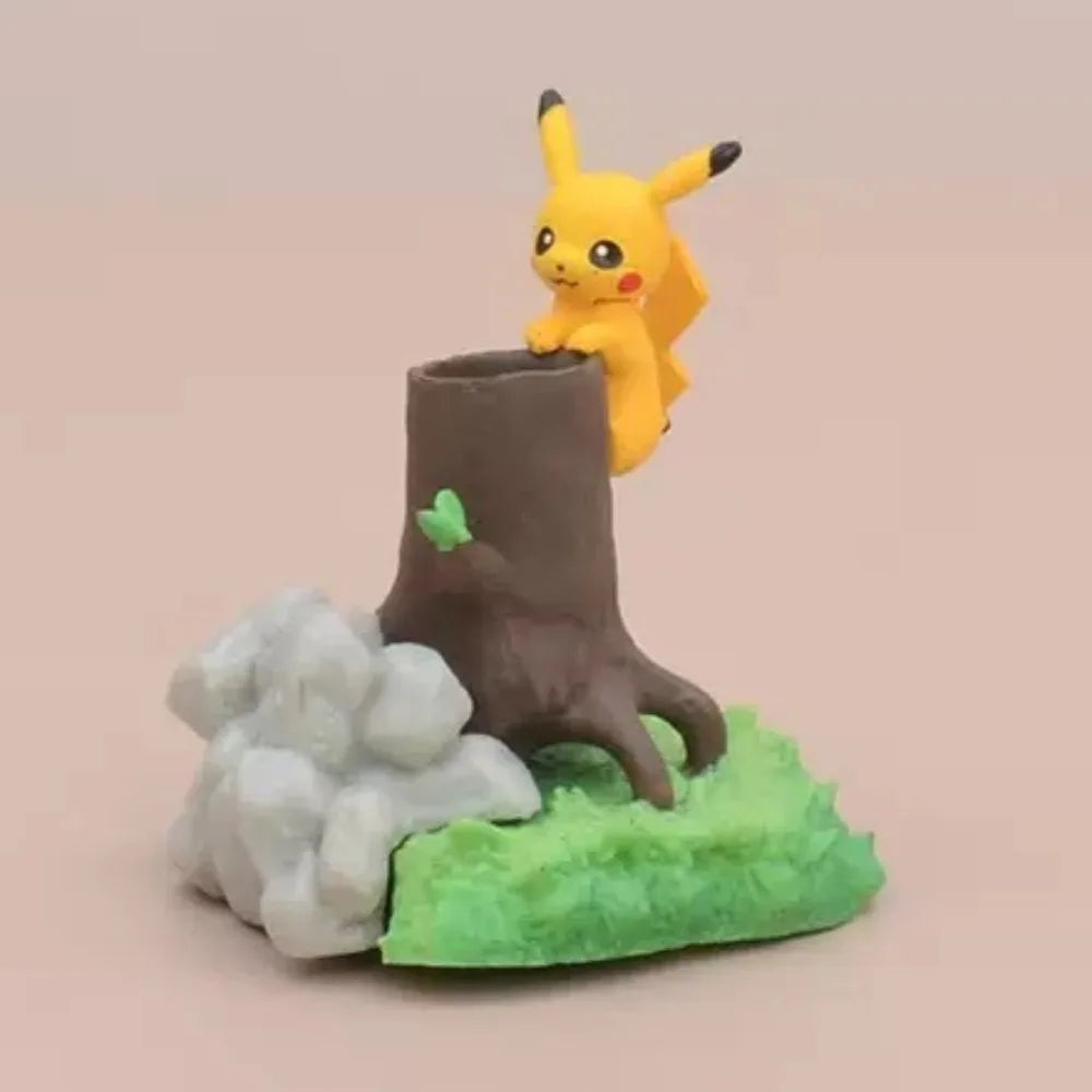 Lot de figurines Pokémon présentées dans des décors naturels variés (rivière, forêt, rochers)
