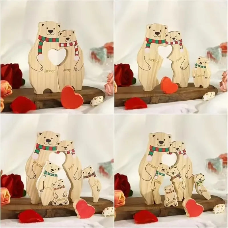 Statuette Ours Noël en Bois Personnalisée – Puzzle Décoratif Écharpe & Cœur Gravé