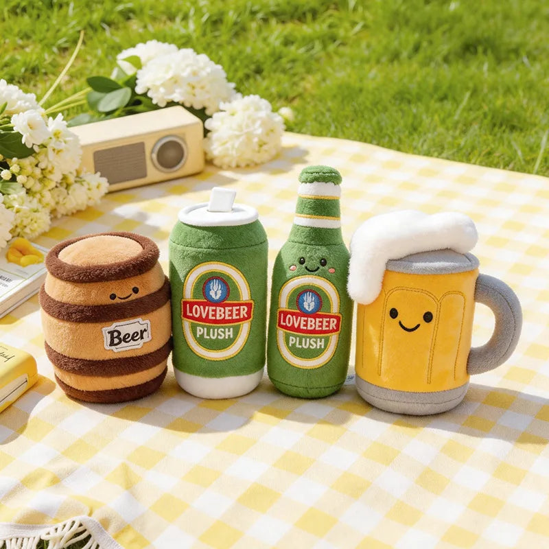 Peluche Chope de Bière & Tonneau Mousse – Doudou Kawaii Rigolo Boisson