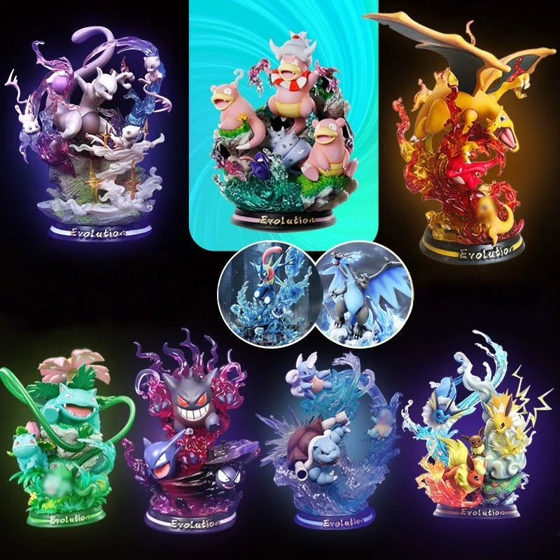 Statues de collection premium représentant divers Pokémon emblématiques accompagnés de socles et d'effets d'attaque spectaculaires.