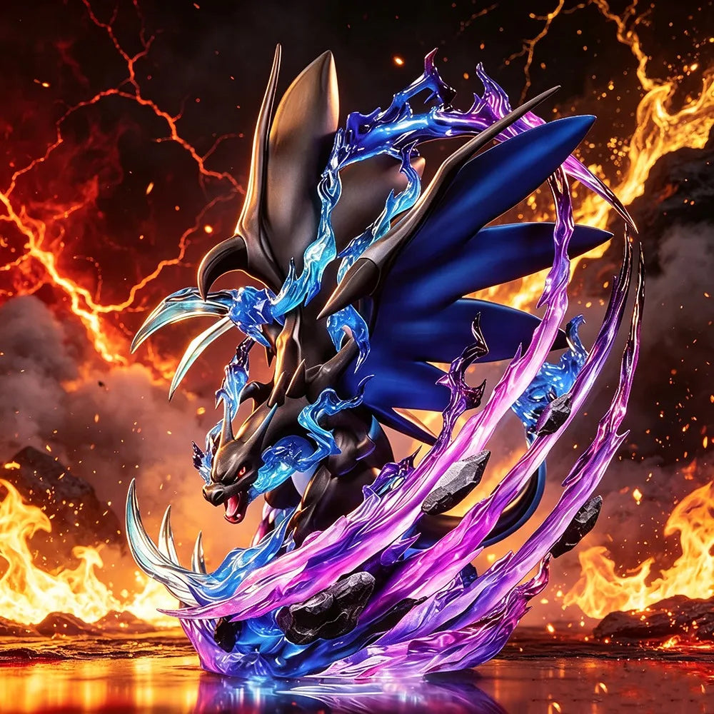 Superbe figurine de Méga-Dracaufeu X entouré de flammes bleues dévastatrices et d'effets d'énergie