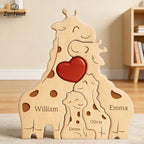 Puzzle Familial Girafes en Bois Personnalisé – Statuette Décorative Prénoms Gravés