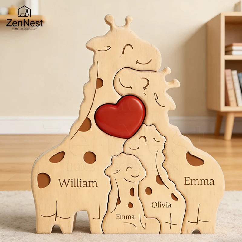 Puzzle Familial Girafes en Bois Personnalisé – Statuette Décorative Prénoms Gravés
