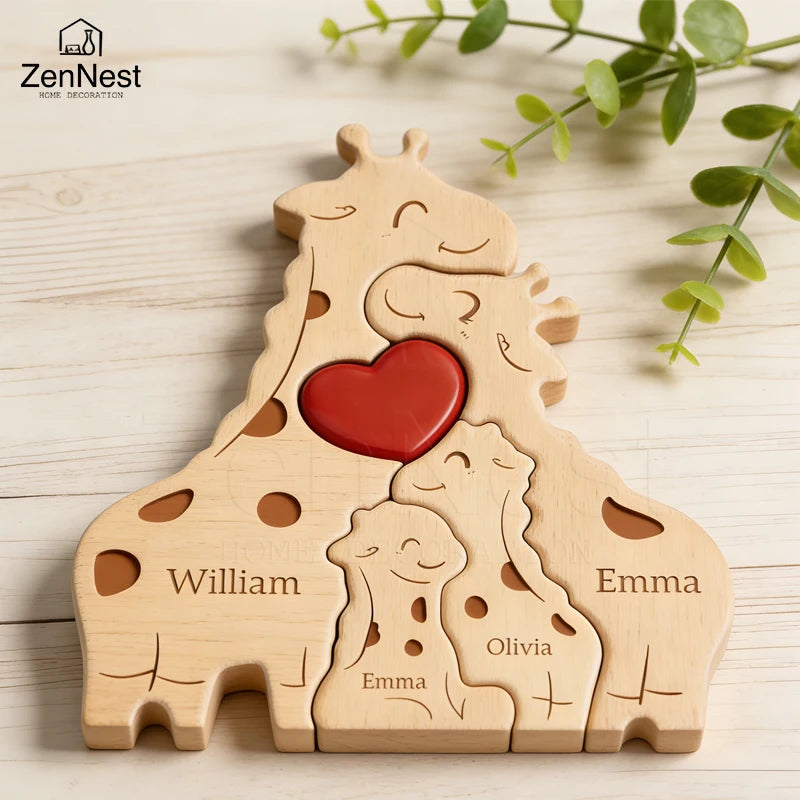 Puzzle Familial Girafes en Bois Personnalisé – Statuette Décorative Prénoms Gravés