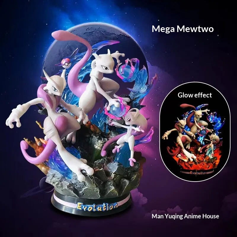 Statues de collection premium représentant divers Pokémon emblématiques accompagnés de socles et d'effets d'attaque spectaculaires.