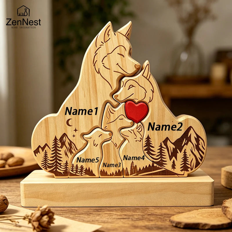 Puzzle Familial Loup en Bois Personnalisable – Statuette Décorative Prénoms Gravés