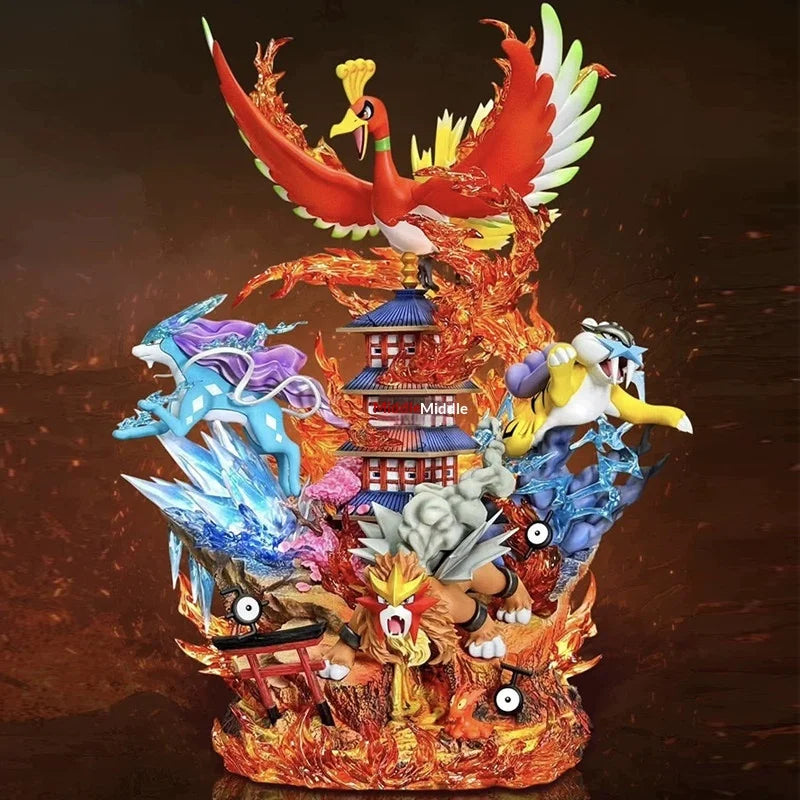 Statues de collection premium représentant divers Pokémon emblématiques accompagnés de socles et d'effets d'attaque spectaculaires.