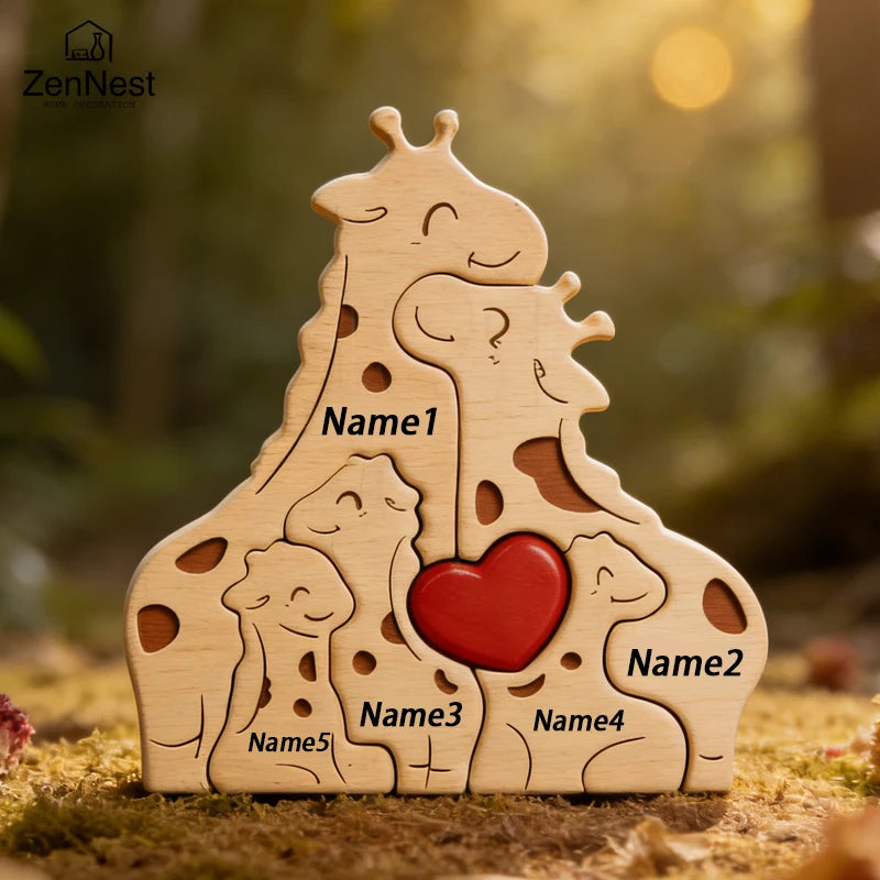 Puzzle Familial Girafes en Bois Personnalisé – Statuette Décorative Prénoms Gravés