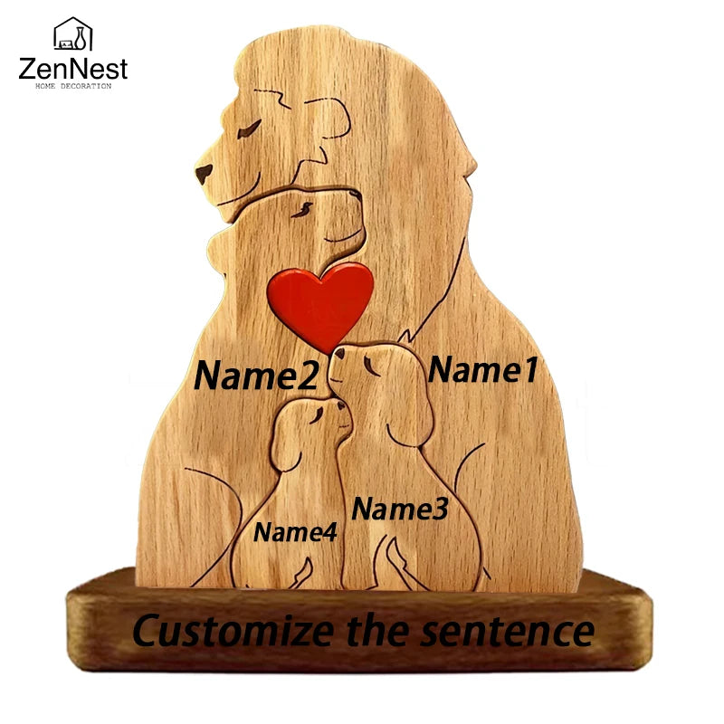 Statuette Lions Famille en Bois Personnalisée – Puzzle Décoratif Cœur & Noël