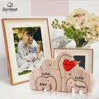 Puzzle Familial Éléphants Rose en Bois Personnalisable – Statuette Décorative Prénoms Gravés