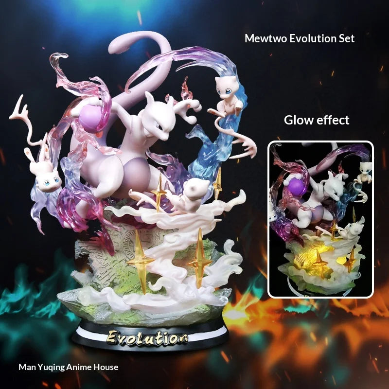 Statues de collection premium représentant divers Pokémon emblématiques accompagnés de socles et d'effets d'attaque spectaculaires.