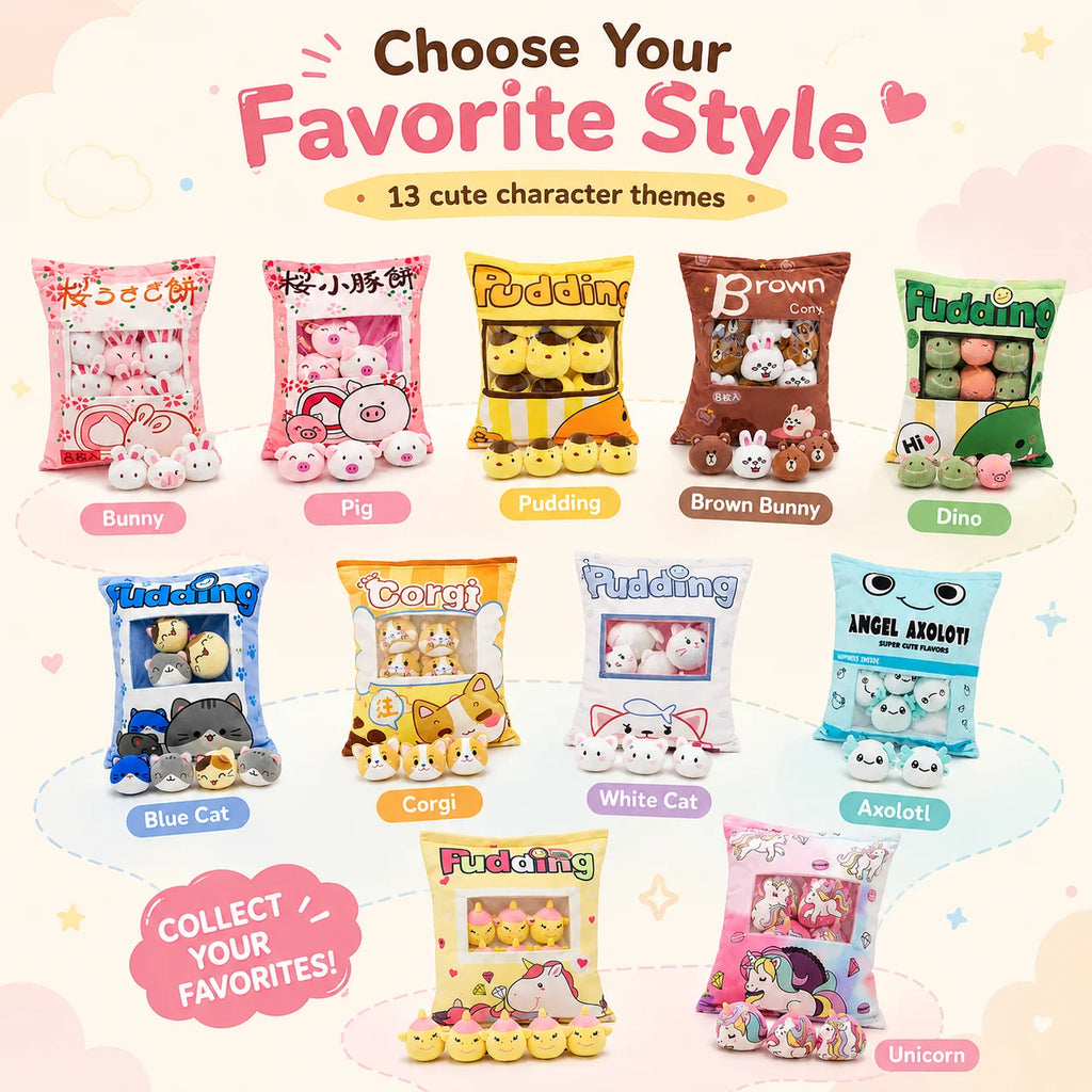 Sachet de Peluches Paquet de Gâteaux Kawaii – Coussin Snack Rempli de Mini Doudous