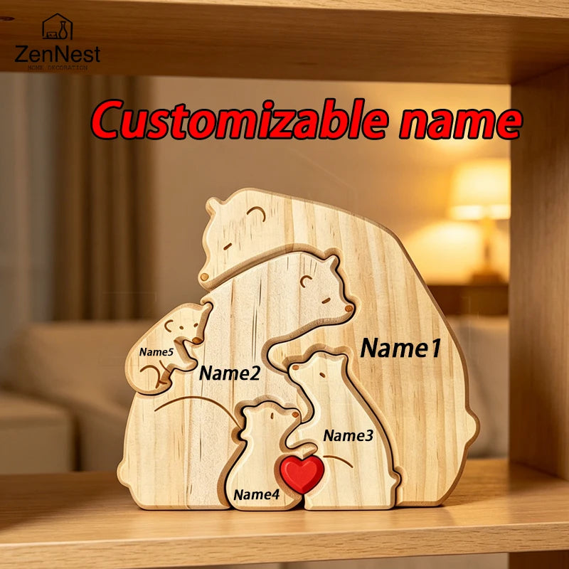 Ours, famille, bois, personnalise, prenom, gravure, coeur, puzzle, figurine, statue, decoration, maison, cadeau-anniversaire, fete-des-peres, chaleureux, cocon, sculpture.