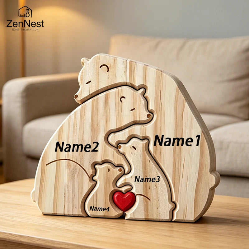 Ours, famille, bois, personnalise, prenom, gravure, coeur, puzzle, figurine, statue, decoration, maison, cadeau-anniversaire, fete-des-peres, chaleureux, cocon, sculpture.
