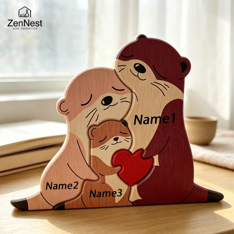 Statuette Loutres Famille en Bois Personnalisée – Puzzle Décoratif Cœur & Prénoms