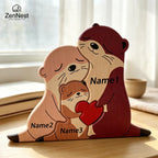 Statuette Loutres Famille en Bois Personnalisée – Puzzle Décoratif Cœur & Prénoms