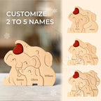 Statuette Éléphants Famille en Bois Personnalisée – Puzzle Décoratif Cœur & Prénoms