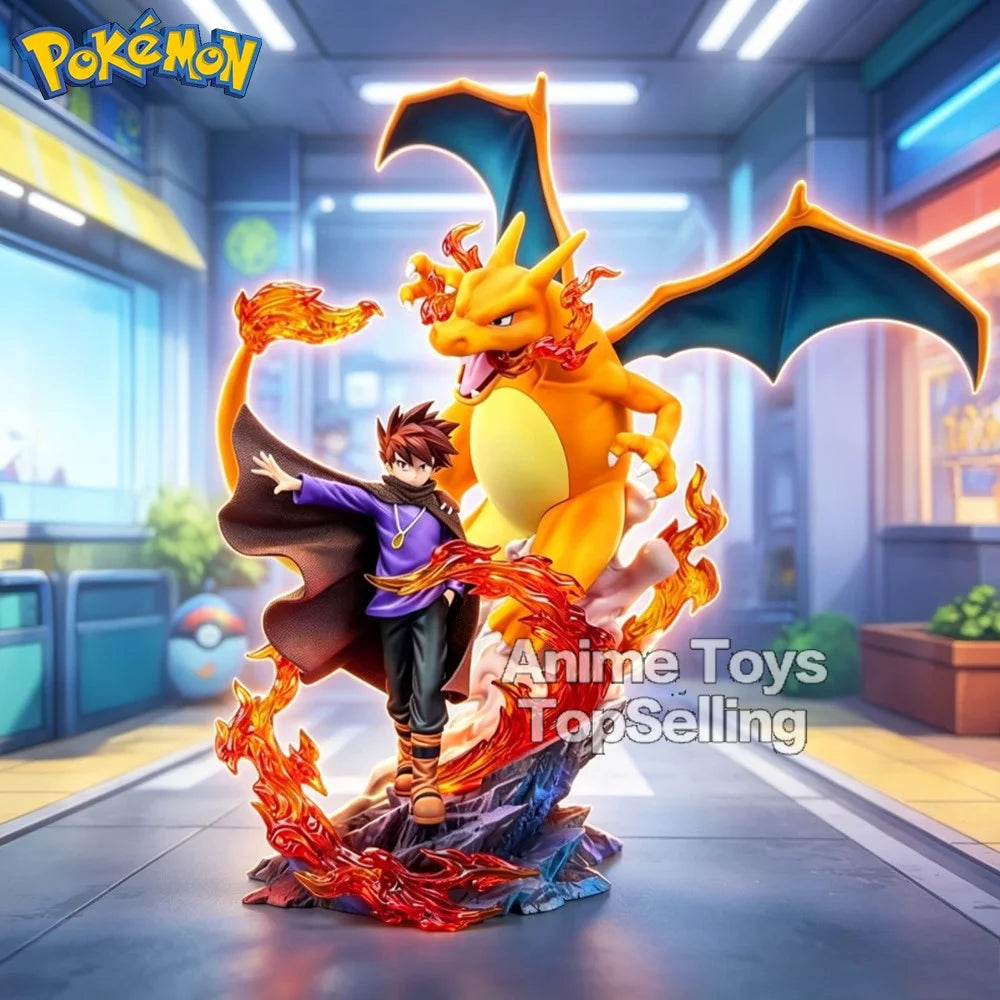 Superbe figurine de collection représentant Dracaufeu aux côtés de son dresseur avec effets de flammes