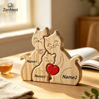 Puzzle Familial Chats en Bois Personnalisable – Statuette Décorative Prénoms Gravés