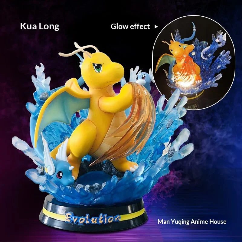 Statues de collection premium représentant divers Pokémon emblématiques accompagnés de socles et d'effets d'attaque spectaculaires.