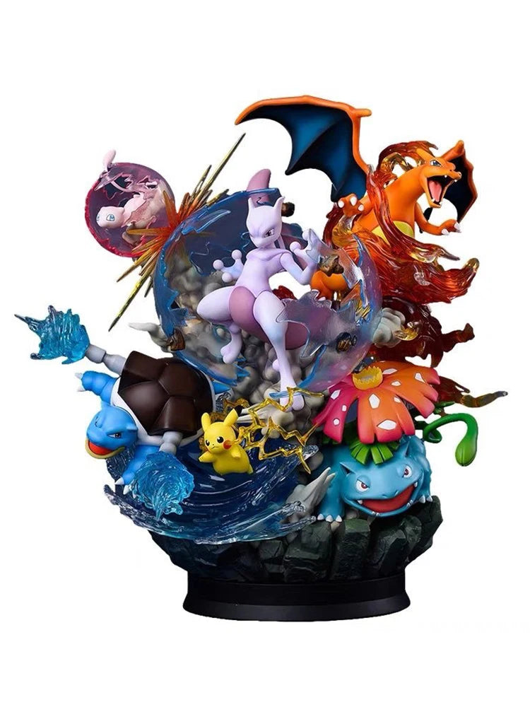 Imposante statue de collection diorama représentant un affrontement épique entre Mewtwo, Dracaufeu, Tortank et Florizarre