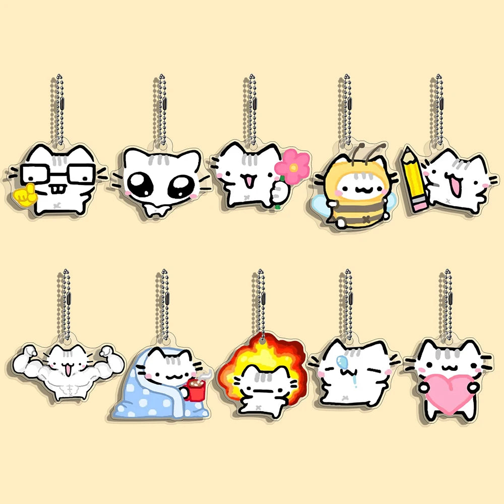 Lot Porte-Clés Chats Mèmes Internet – Pendentifs Illustration Chat Mignon & Drôle