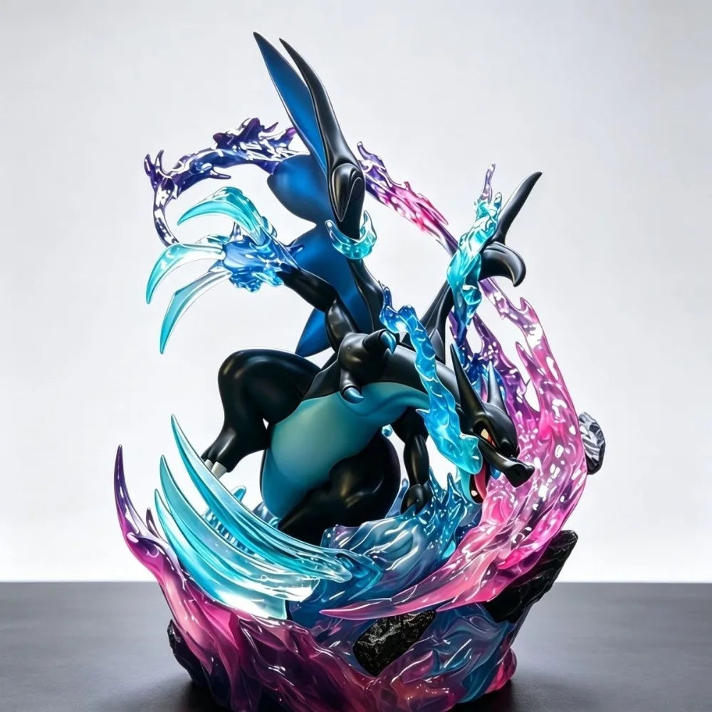 Superbe figurine de Méga-Dracaufeu X entouré de flammes bleues dévastatrices et d'effets d'énergie