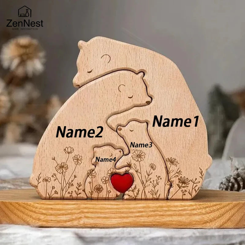 Statuette Ours Famille en Bois Personnalisée – Puzzle Décoratif Gravé Prénoms