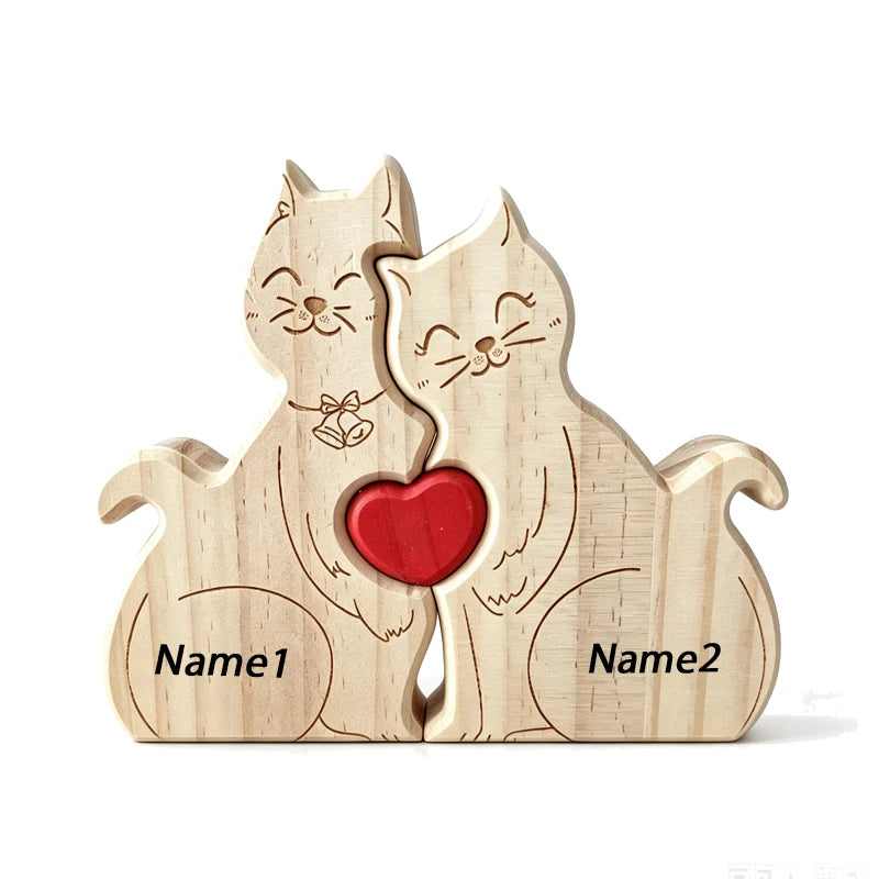 Puzzle Familial Chats en Bois Personnalisable – Statuette Décorative Prénoms Gravés