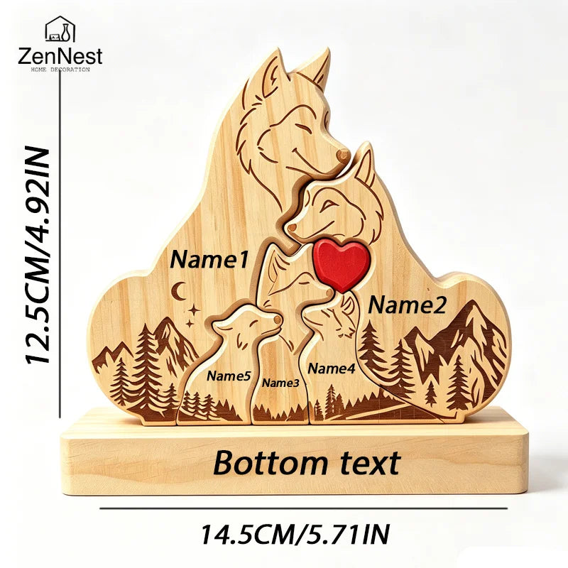 Puzzle Familial Loup en Bois Personnalisable – Statuette Décorative Prénoms Gravés