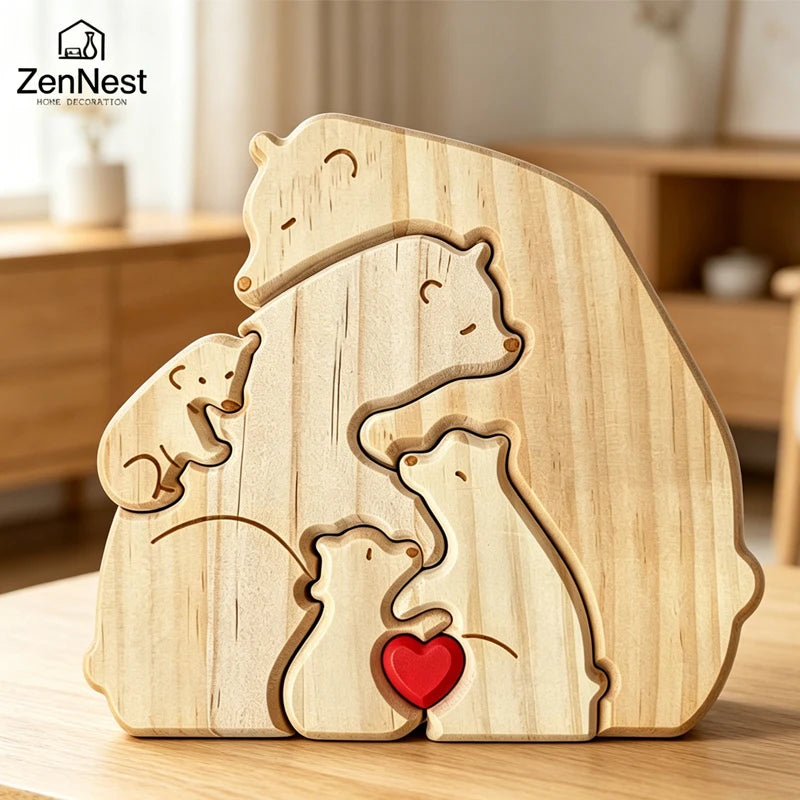 Ours, famille, bois, personnalise, prenom, gravure, coeur, puzzle, figurine, statue, decoration, maison, cadeau-anniversaire, fete-des-peres, chaleureux, cocon, sculpture.