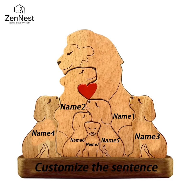 Statuette Lions Famille en Bois Personnalisée – Puzzle Décoratif Cœur & Noël